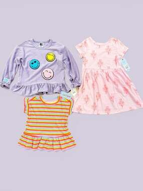 Toddler Girls 3-Piece Clothing Lot: SmileyWorld Corduroy Ruffle Top, Pink Floral